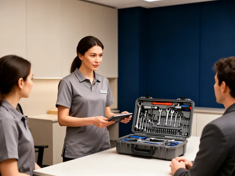 Ein Ordnungsberater in grauer Uniform bespricht mit einem Kunden einen digitalen Werkzeugkoffer in einem modernen Büro.