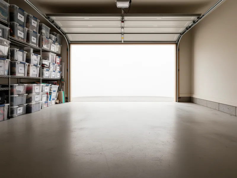 Ein aufgeräumter Garagenraum mit etikettierten Plastikboxen auf Metallregalen und sauberem Betonboden.