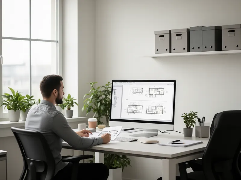 Ein Teammitglied arbeitet fokussiert an einem modernen Schreibtisch und prüft einen Projektplan auf einem großen Monitor.