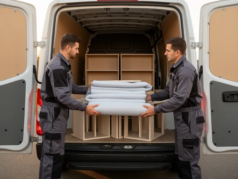Zwei Arbeiter in robuster Kleidung laden sorgfältig Möbelpolster und Regale in einen Umzugswagen.