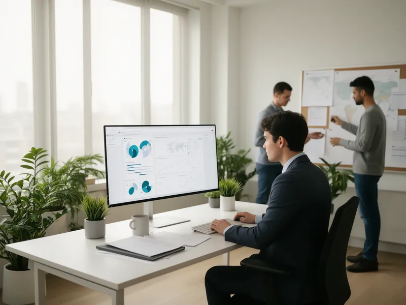 Ein Teammitglied arbeitet konzentriert an einem Schreibtisch mit einem Monitor, der Datenvisualisierungen zeigt.