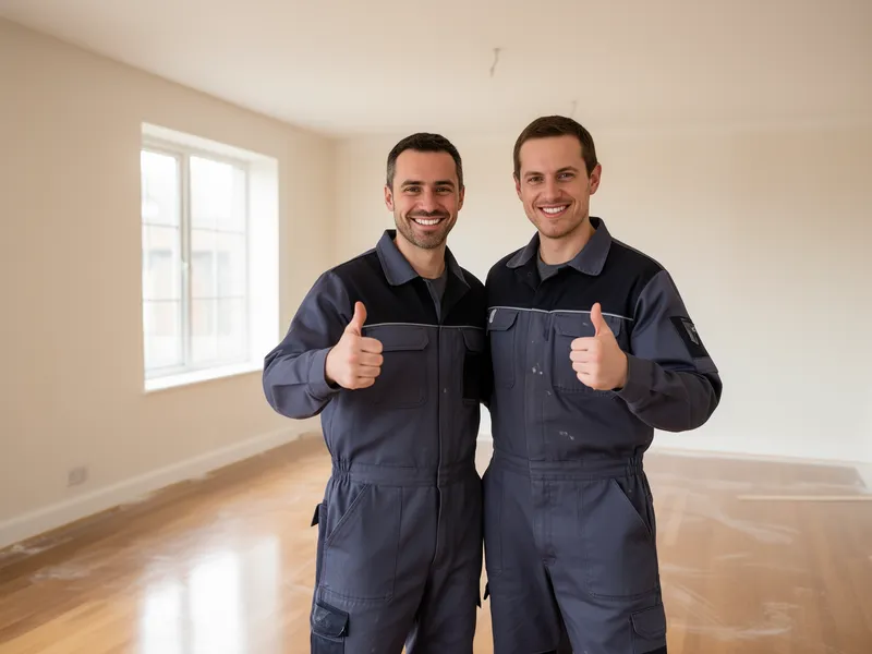 Zwei Arbeiter in Arbeitskleidung lächeln und zeigen den Daumen in einem leeren, sauberen Wohnraum.