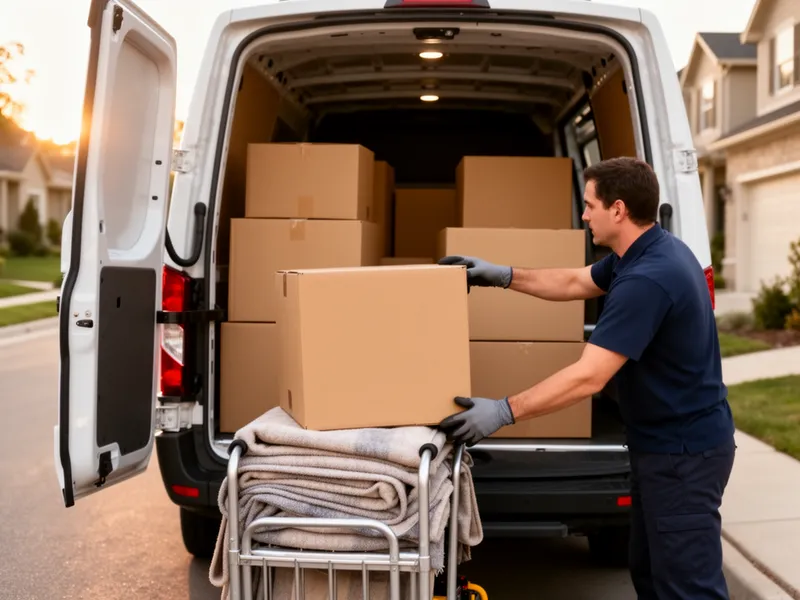 Umzugshelfer laden sorgfältig Kartons in einen modernen Transporter vor einem Wohnhaus.