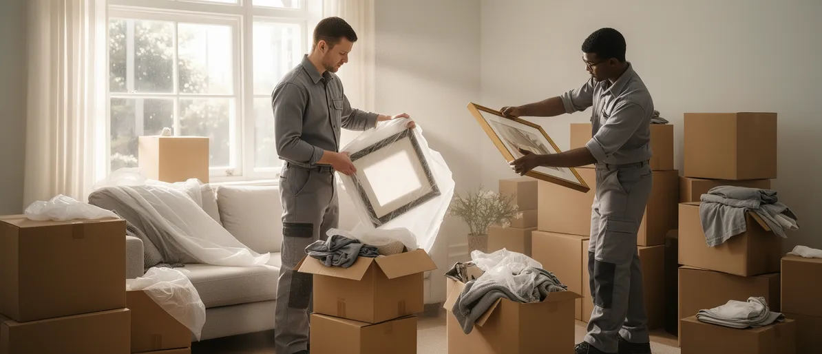 Ein professionelles Team in grauer Arbeitskleidung sortiert und verpackt sorgfältig Gegenstände in einem aufgeräumten