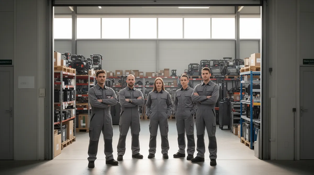Ein Team in grauer Arbeitskleidung steht am Eingang eines sauberen Büro-Lagers mit Regalen.