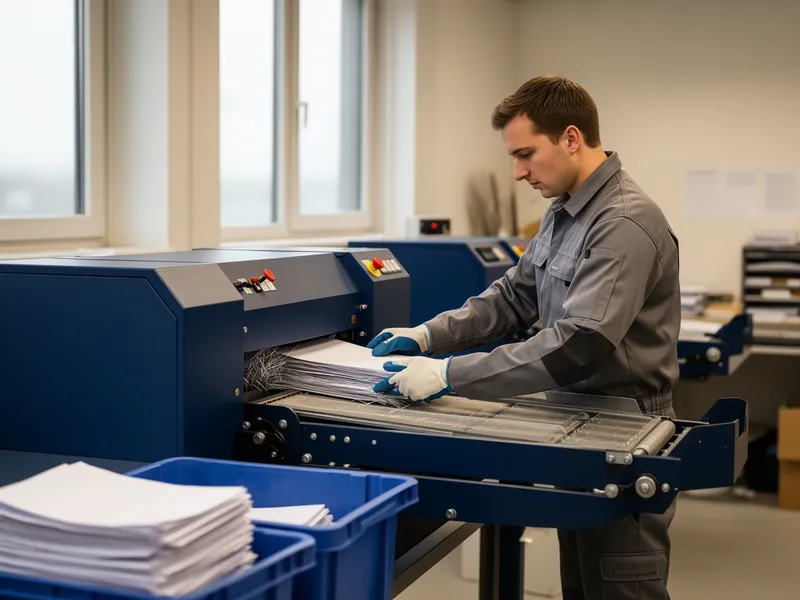 Ein Arbeiter in grauer Kleidung bedient einen großen Aktenvernichter in einem sauberen, hellen Arbeitsbereich.