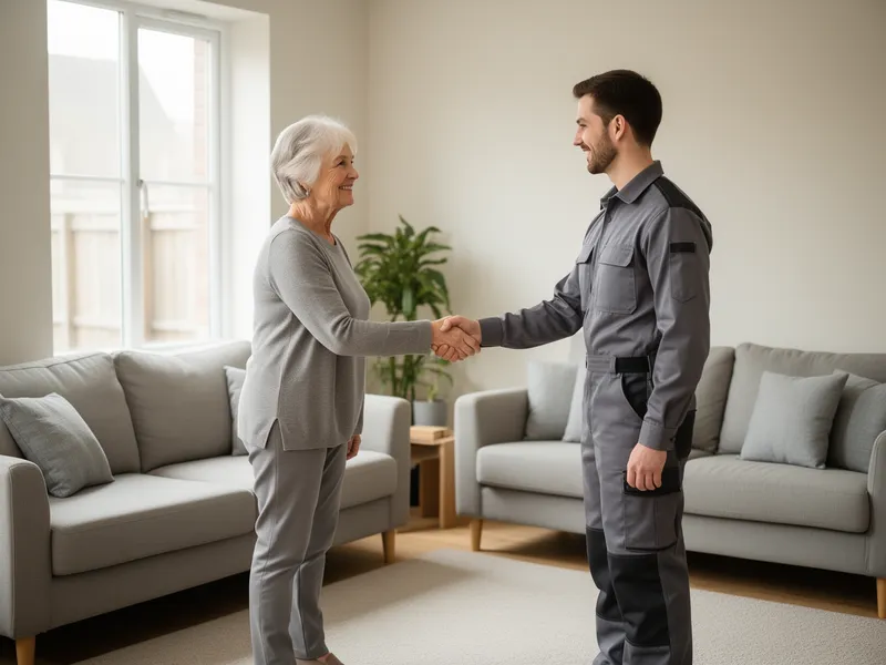 Ein Mitarbeiter in grauer Arbeitskleidung schüttelt einem älteren Kunden im Wohnzimmer vertrauensvoll die Hand.