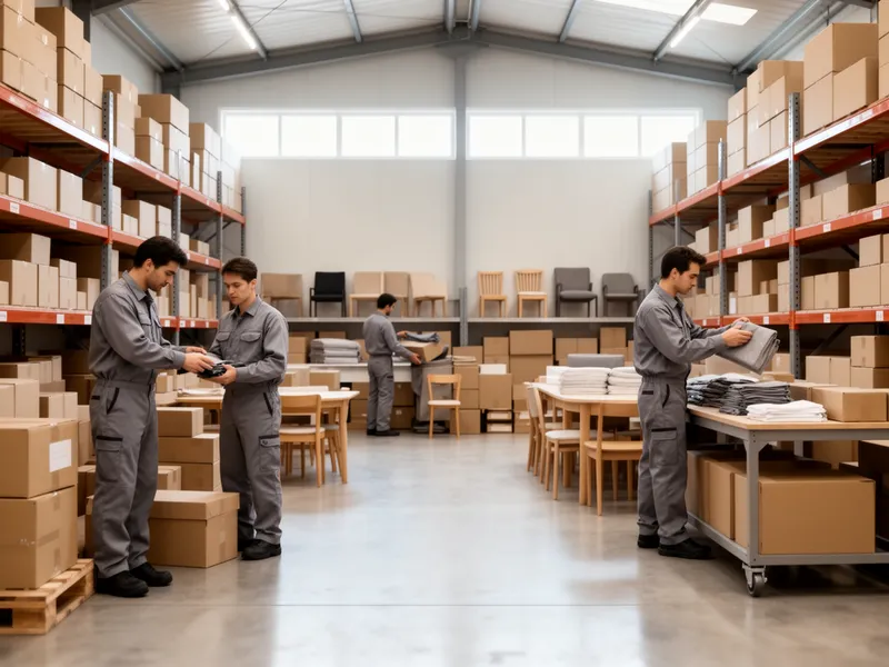 Ein Team in grauer Arbeitskleidung sortiert effizient Gegenstände in einem sauberen Lagerraum.