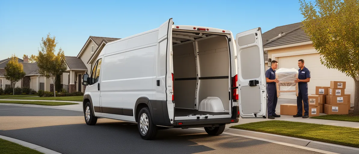 Zwei Umzugshelfer tragen ein Möbelstück aus einem Haus zu einem weißen Transporter auf einer ruhigen Wohnstraße.