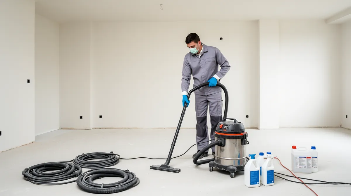 Ein Arbeiter in Schutzkleidung bedient einen Industriestaubsauger in einem leeren Wohnzimmer.