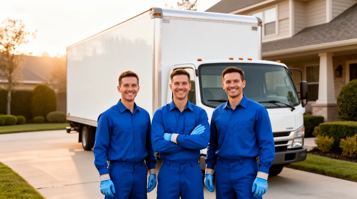 Drei Arbeiter in blauen Uniformen lächeln vor einem modernen Umzugswagen in einer Vorstadtstraße.
