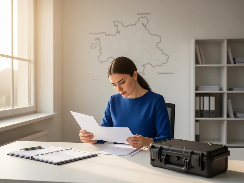 Eine professionelle Frau in blauem Hemd arbeitet an einem aufgeräumten Schreibtisch vor einer Schweizer Karte.