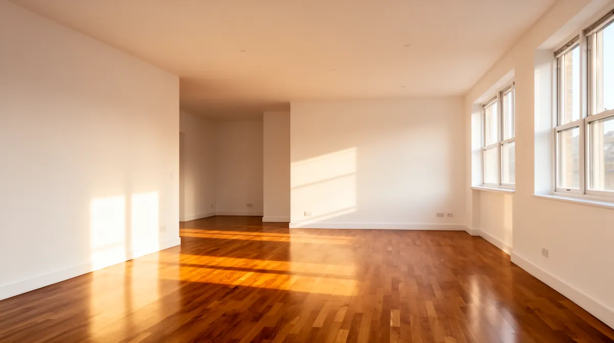 Ein leerer, sonnendurchfluteter moderner Wohnraum mit polierten Holzböden und frisch gestrichenen weißen Wänden.