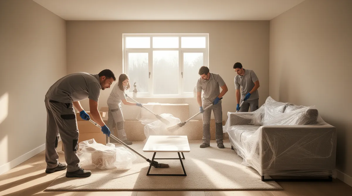 Ein professionelles Team in einheitlichen Uniformen räumt ein aufgeräumtes Wohnzimmer während eines Umzugs.