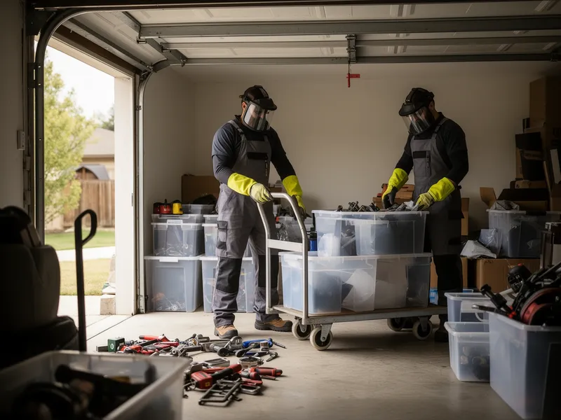 Zwei Arbeiter in Schutzausrüstung sortieren Gegenstände in einer Garage mit einem Metallwagen und Plastikkisten.