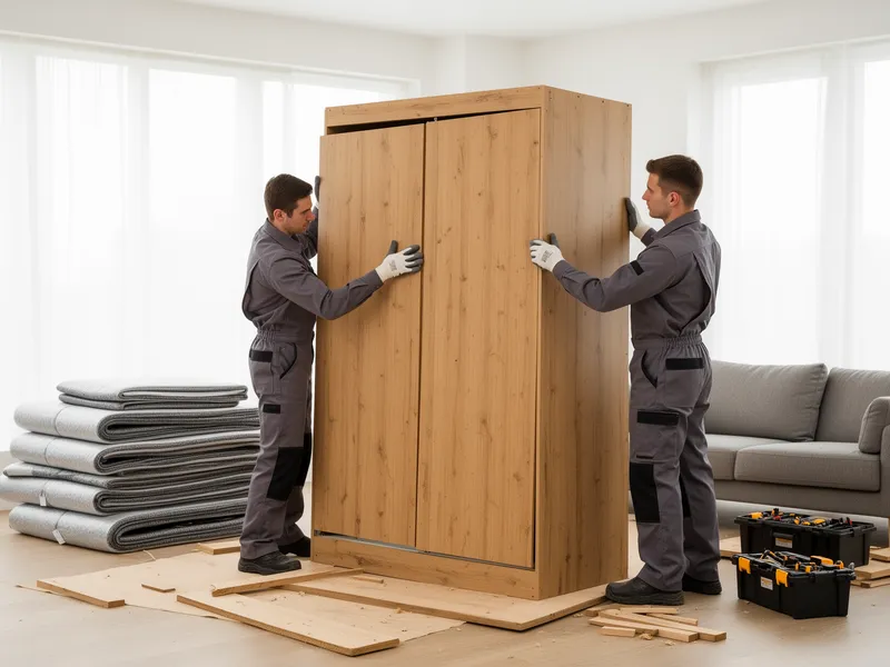 Zwei Arbeiter in grauer Arbeitskleidung zerlegen einen großen Holzschrank in einem leeren Wohnzimmer.