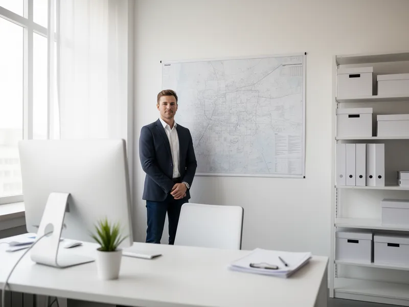 Ein professioneller Mitarbeiter steht vor einer großen Planungskarte in einem minimalistischen, aufgeräumten Büro.
