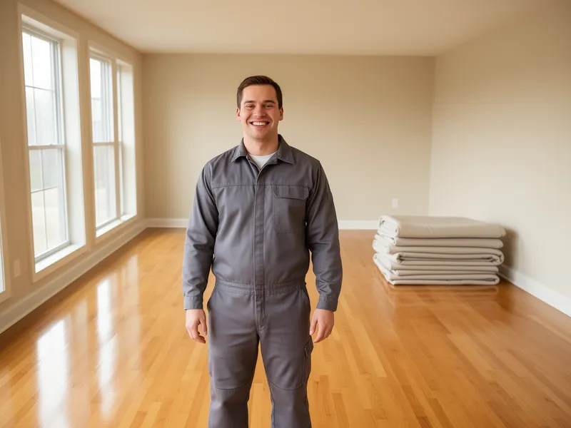 Ein Umzugshelfer in grauer Uniform lächelt in einem leeren Wohnzimmer mit Holzboden und großen Fenstern.