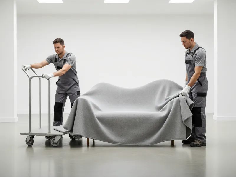 Zwei professionelle Umzugshelfer sichern eine abstrakte Sofaform mit einer Decke auf einem Transportwagen.