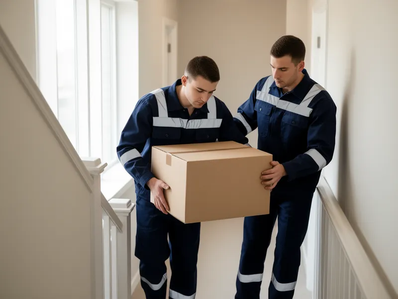 Zwei Reinigungstechniker in blauen Arbeitsuniformen tragen gemeinsam eine Kiste eine Treppe hinab.