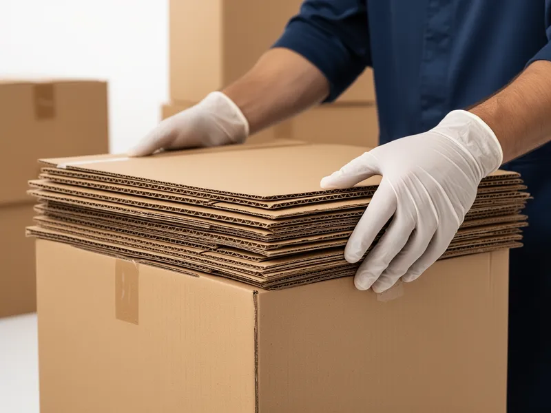 Ein Techniker mit Handschuhen hebt saubere, leere Kartons in einem hellen, aufgeräumten Arbeitsbereich.