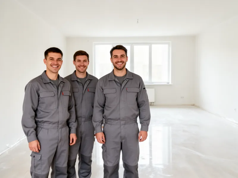 Zwei Reinigungskräfte in grauen Uniformen lächeln in einem leeren, frisch gereinigten Apartment.
