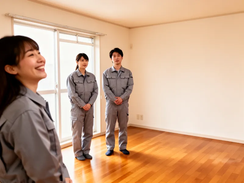 Zwei Arbeiter in grauen Uniformen hören einem lächelnden Kunden in einem leeren Wohnzimmer zu.