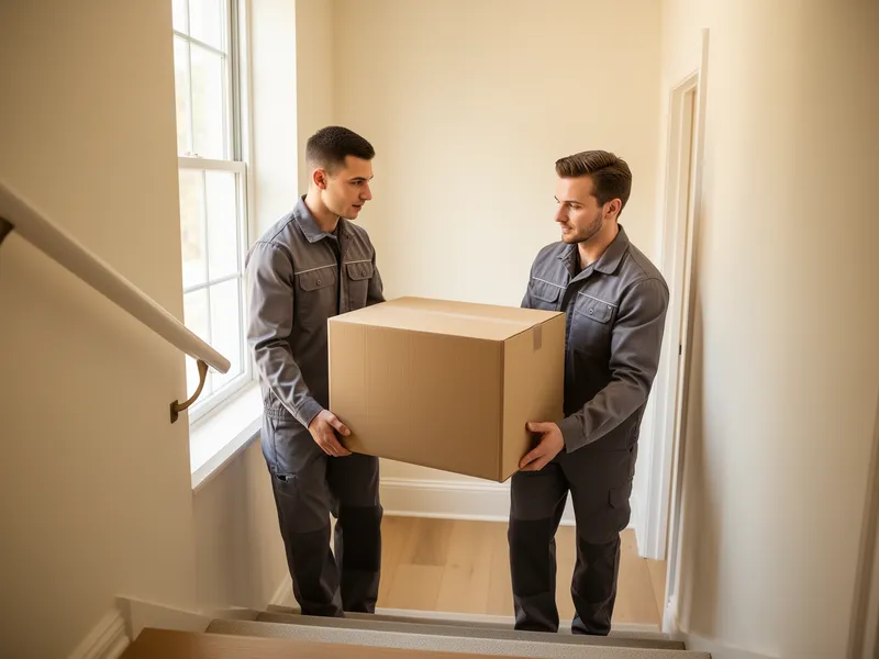 Zwei Arbeiter in grauen Uniformen tragen eine Kartonschachtel eine Treppe hinunter in einem hellen Flur.