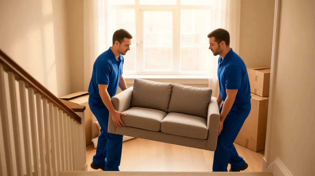 Zwei Umzugshelfer in blauen Uniformen tragen vorsichtig ein Sofa eine Treppe hinunter.