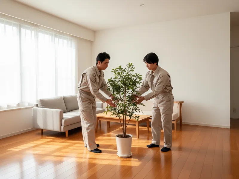 Zwei Reinigungskräfte stellen eine Topfpflanze in einem aufgeräumten, minimalistischen Wohnzimmer mit Holzboden.