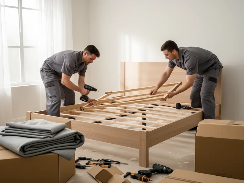 Zwei Arbeiter in grauen Uniformen zerlegen ein großes Bettgestell in einem leeren, sonnendurchfluteten Schlafzimmer.