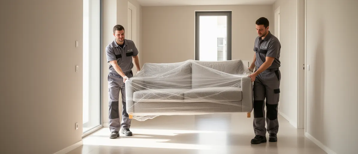 Zwei Umzugshelfer in grauen Arbeitsanzügen tragen ein eingepacktes Sofa durch einen sonnigen Flur.