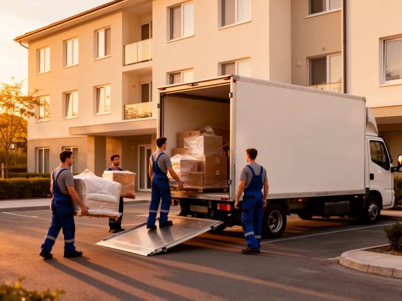 Ein professionelles Umzugsteam trägt Möbel und Kartons in einen Umzugswagen vor einem Wohnhaus bei Sonnenuntergang.