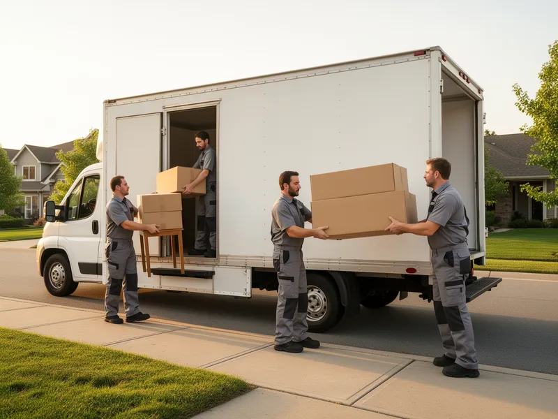 Ein professionelles Umzugsteam in grauer Arbeitskleidung trägt Möbel und Kartons aus einer Wohnung in einen Umzugswagen.