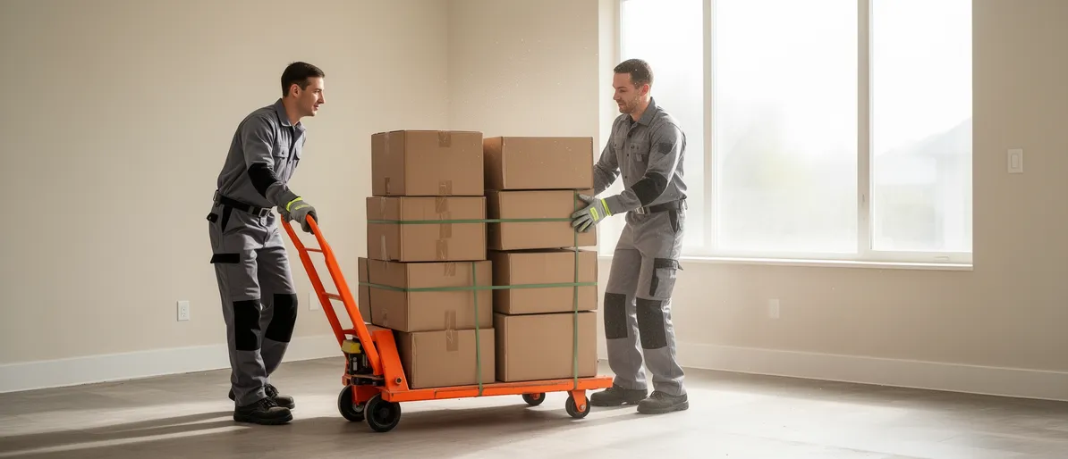 Zwei Umzugshelfer in grauer Arbeitskleidung transportieren Kartons auf einem orangen Hubwagen in einem leeren Wohnzimmer.