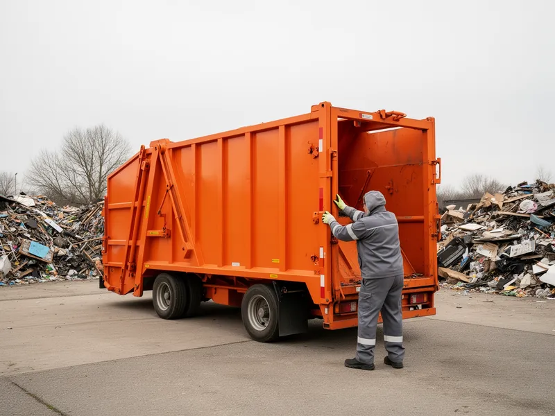 Ein Arbeiter in grauer Uniform bedient einen orangefarbenen Müllverdichter auf einer leeren Einfahrt.