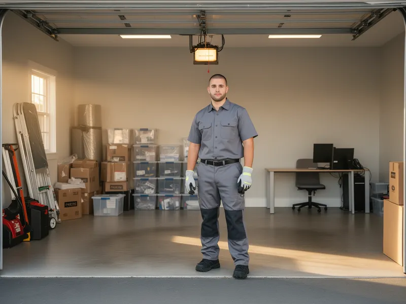 Ein Arbeiter in grauer Uniform steht in einer aufgeräumten Garage mit Umzugskisten und einem Schreibtisch.